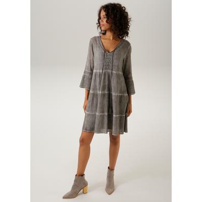 Tunikakleid ANISTON CASUAL, Damen, Gr. 36, N-Gr, grau, Crêpe, Obermaterial: 100% Baumwolle. Futter: 100% Polyester, Abriebeffekte, Strukturmuster, lässig geschnitten kniefrei, V-Ausschnitt, Trompetenärmel, Kleider, mit aufwändiger Spitzenverzierung