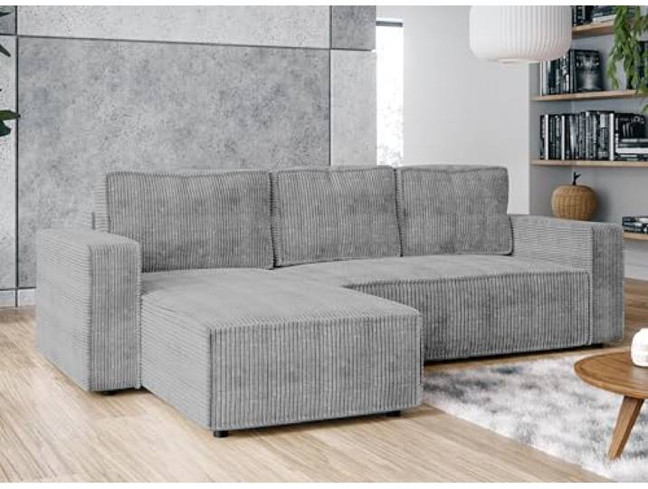 AXLIVING Ecksofa L Form Aydin Cord Schlafsofa Hellgrau mit Bettkasten Liegefläche: 219 × 124 cm. Praktischer Bettkasten für Stauraum. Cordstoff: weich, langlebig, pflegeleicht. Wellenfedern.
