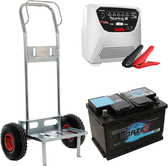 T.O. Set completo: carrello porta batteria Geotech + batteria 50 ah + caricabatteria Telwin Touring 18