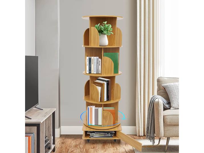 360 ° Bibliothèque rotative, petite bibliothèque d'angle pour petit espace, bibliothèque autoportante à 4 niveaux, bibliothèque fine, bibliothèque multifonctionnelle