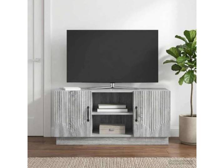 TV-Schrank 102 x 34,5 x 47 cm Sonoma-Grau Holzwerkstoff Entertainment Robustes Holzwerkstoffmaterial, pflegeleichte Oberfläche, vielseitige Fächeraufteilung, modernes minimalistisches Design