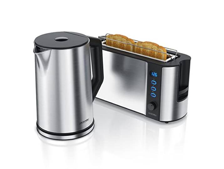 Arendo Wasserkocher Toaster Set Edelstahl Silber, 1,5 L, 2 Scheiben Frühstücksset, Temperatureinstellung 40-100 °C, Warmhaltefunktion, Langschlitztoaster mit Brötchenaufsatz, 6 Bräunungsstufen