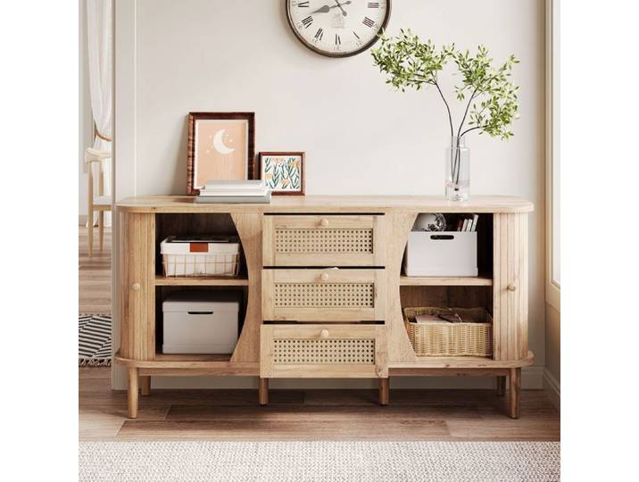 Commode - Buffet de rangement en rotin avec 3 tiroirs et portes coulissantes 120x40x76cm