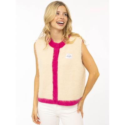 Strickweste ZWILLINGSHERZ "ZH Patch", Damen, Gr. S/M, hellbeige, Grobstrick, Obermaterial: 76% Polyester, 15% Polyamid, 7% Wolle, 2% Elasthan, Westen Strickweste, farbige Kanten, Logopatch, mit Knöpfen, Rundhals