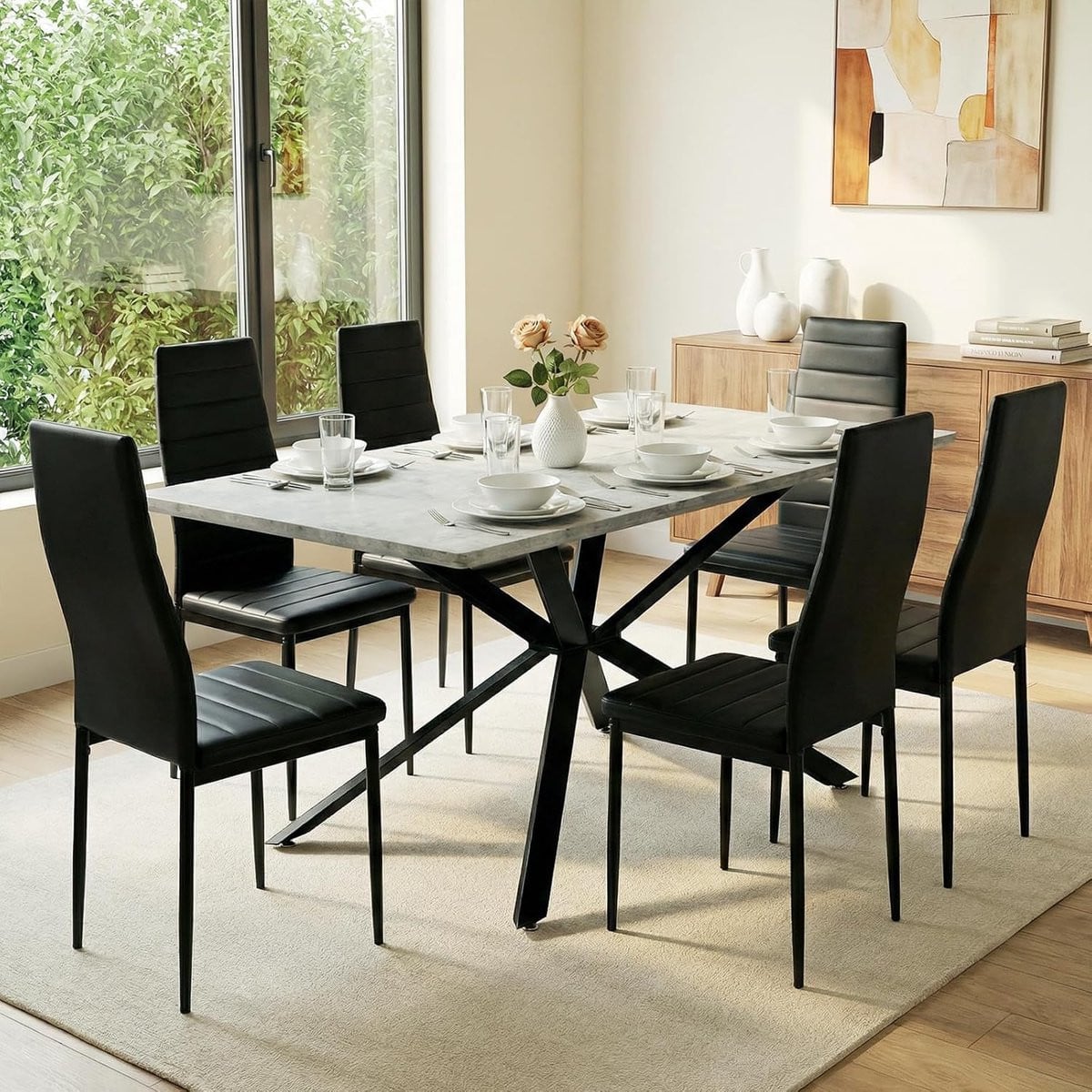 Eetkamergroep met uittrekbare eettafel en stoelen voor 6 personen - Zwart