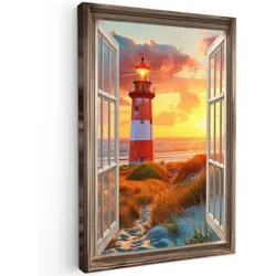 LEINWANDBILD Aussicht - Fenster - Leuchtturm - Sonnenuntergang - Strand Deko Wohnzimmer 20x30 cm