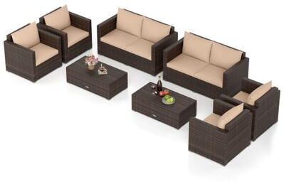 Costway 8 Pieces Patio Rattan Conversation Set with Padded Cushions-Brown