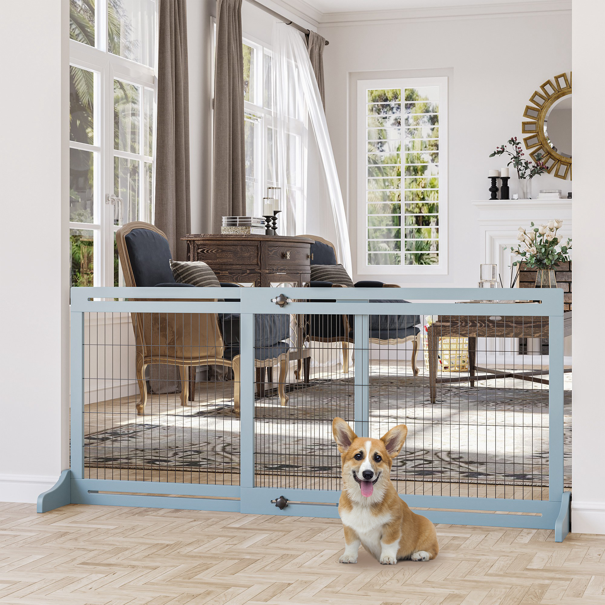 Pawhut Cancelletto di Sicurezza per Cani in Legno e Acciaio, Cancellino per Cani Estensibile da Interno 104-183cm, Blu Aosom