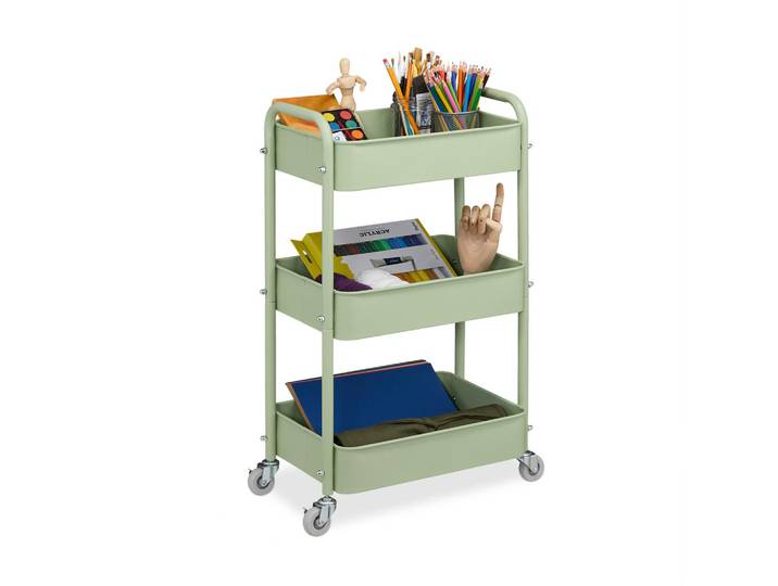 Relaxdays Rollwagen Grün 3 Ebenen, Metall, 43.5x71.5x29.5 cm, Esszimmer, Servierwagen