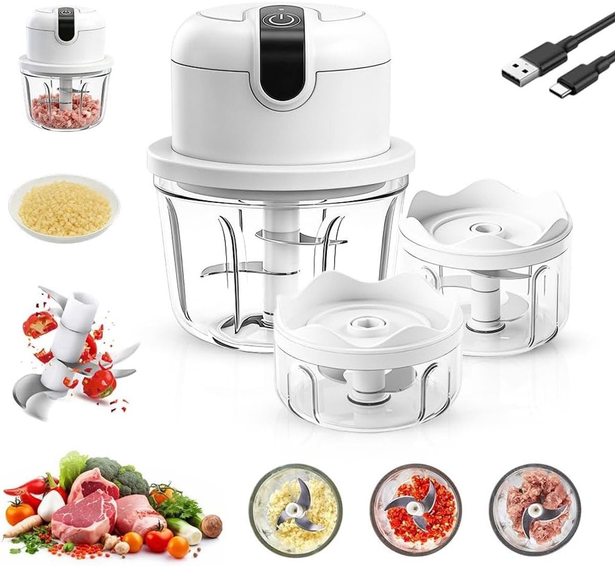Compacte Elektrische Uienhakker - Draadloze Multifunctionele Voedselverwerker voor Vlees, Groenten en Fruit - 100ml, 200ml en 350ml
