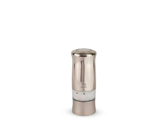 PEUGEOT - Moulin à Sel Électrique Zeli 14 cm - Mécanisme Zirlion - Inox Avec Éclairage - Sel Gemme Inclus - Fabrication Française - 6 Piles + Ampoule De Rechange Inclus