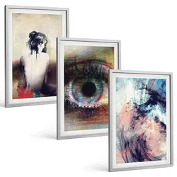 BILDER SET 3er Set - 40x60 cm Silberner Rahmen - Porträt einer Frau mit abstrakten Emotionen