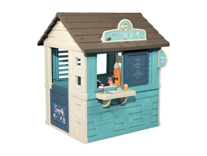 Smoby - Maisonnette de jardin Sweety Corner - Maisonnette de jardin pour enfants - Thème des snacks - Machine à glaces - 18 accessoires - Matériaux recyclés - Dès 2 ans - Fabriqué en France