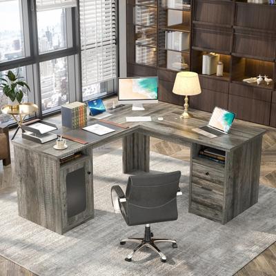 Rackcog Modern Farmhouse L Shape Desk with File Cabinet and Drawers, Homer Office Executive Desk with Charge Station
