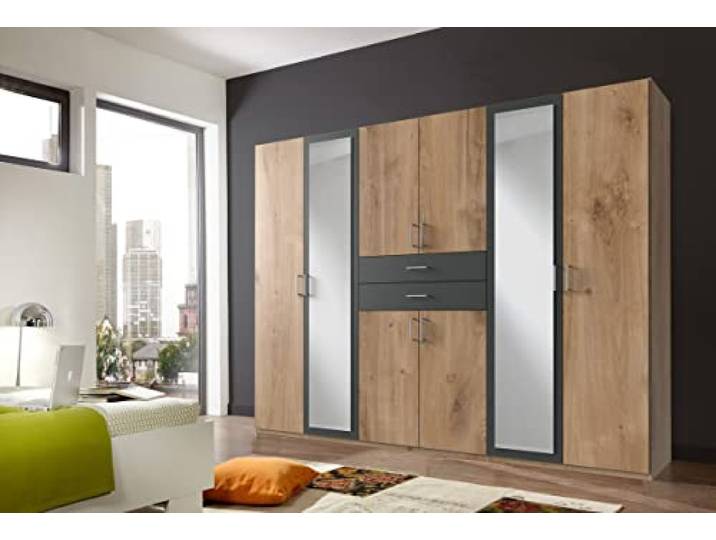 möbelando Kleiderschrank Drehtürenschrank Schlafzimmerschrank Schrank Schlafen Drugi II Plankeneiche/Graphit