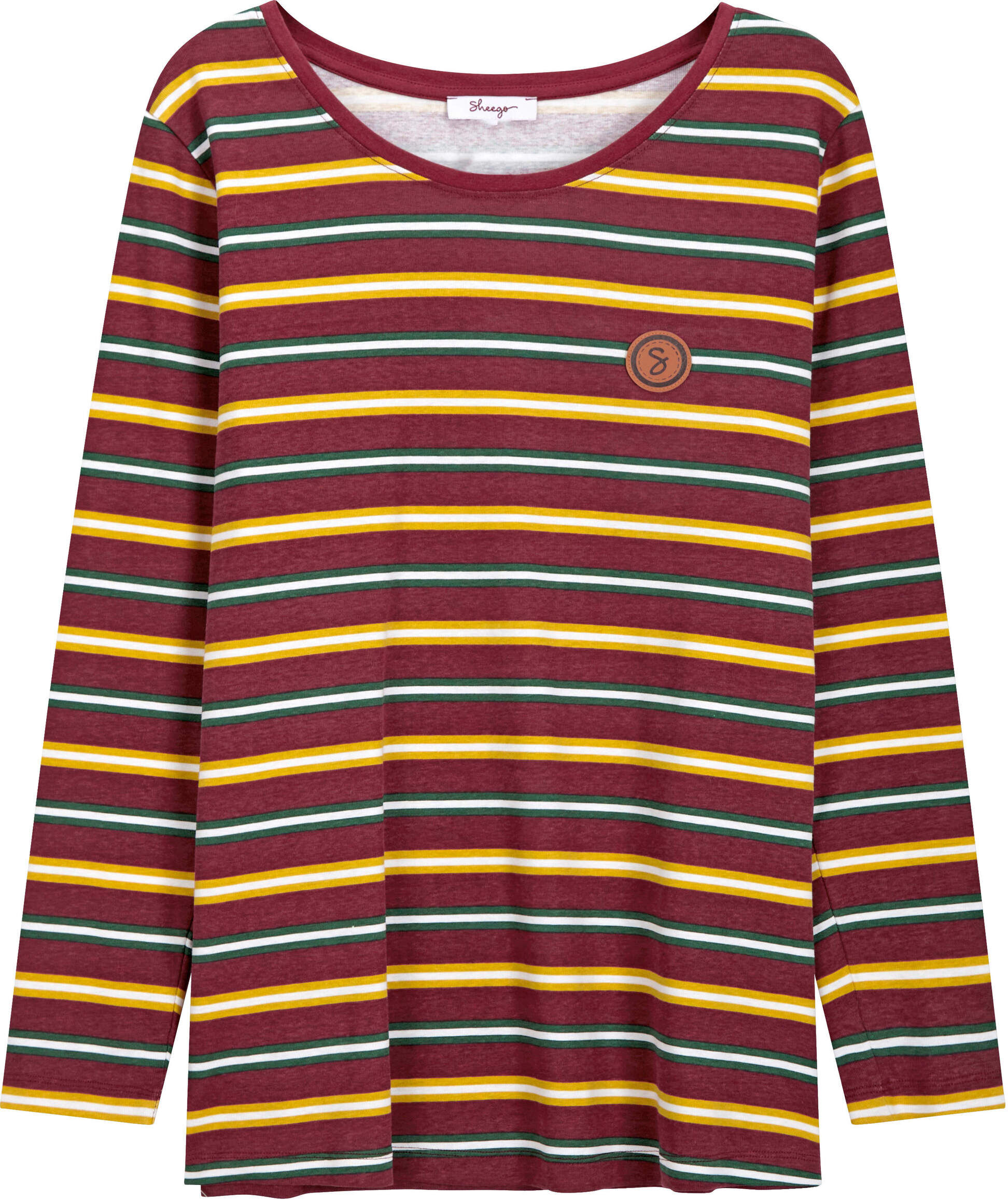 T-Shirt SHEEGO "Ringelshirt Ringelshirt mit symmetrischen Streifen", Damen, Gr. 52/54, bordeaux, moos, geringelt, Sportlich, Rundhals, Shirts T-Shirt