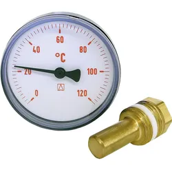 Bimetall-Thermometer 0-120 °C 63 mm durch., Kunststoffgehäuse rot(ohne Kugelhahn)
