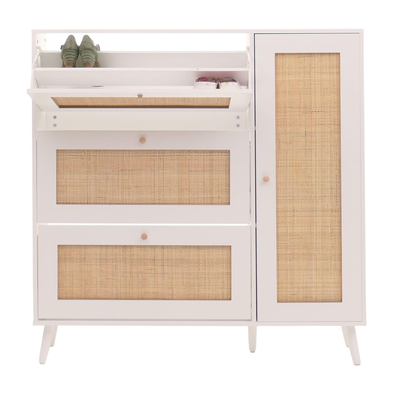 Rattan-Schuhkipper MCW-M37, Schuhregal Schuhschrank, 3 Kippfächer 2 Regalböden 127x120x24cm Holz Melamin ~ weiß