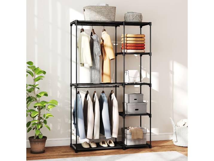 HOMCOM Armoire Portable Noir 2 Barres 6 Étagères 111x43x185cm