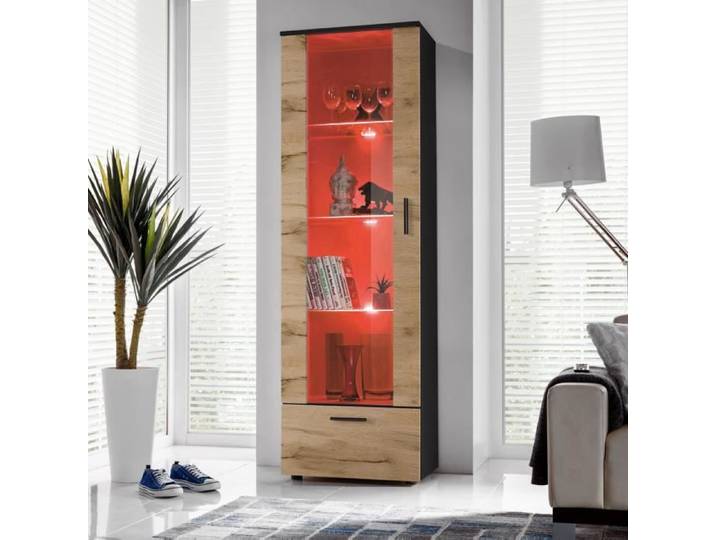 Vitrine Armoire Alessandria Komodee - Bois Naturel Mat & Noir - LED RGB - 2 portes - L60cm x H192cm x P42 cm