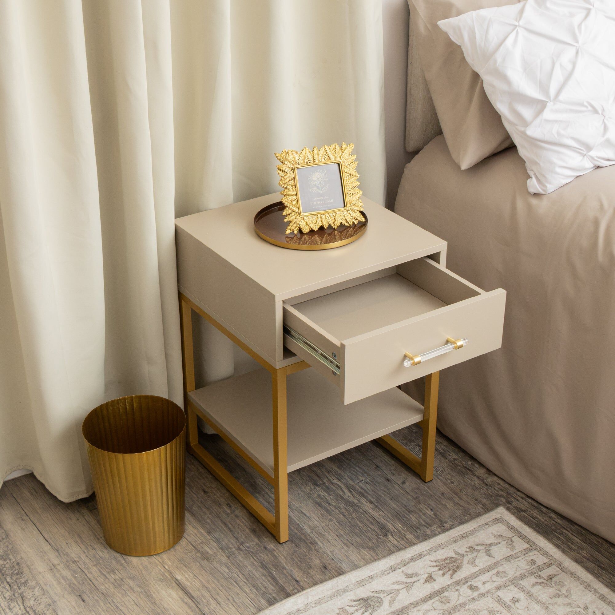 One Drawer Bedside Table - Liana Taupe Range Manufactured Wood, Metal