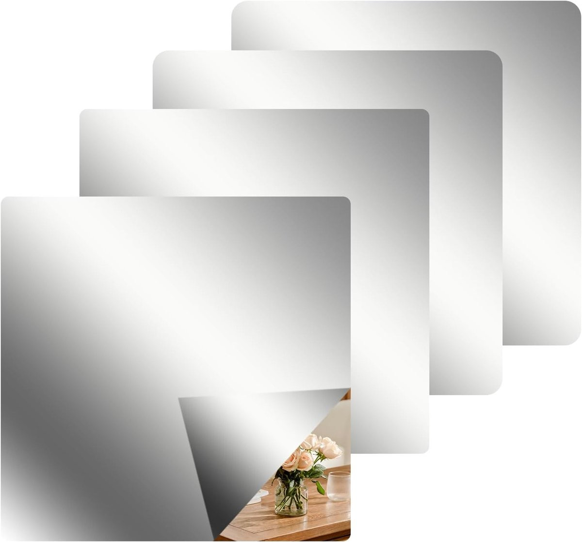 Set van 4 zelfklevende acryl spiegelstickers voor decoratie, 15 x 15 cm per stuk
