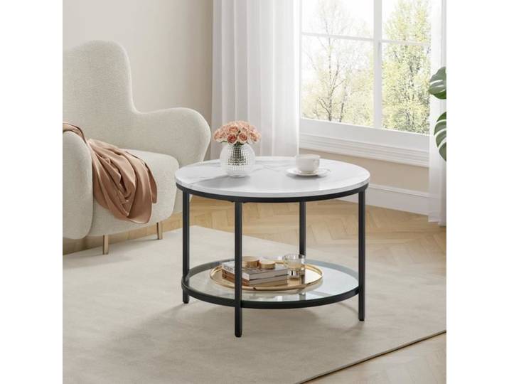 Table Basse - VASAGLE - Façon Marbre - Support en Verre Trempé - Facile à Assembler