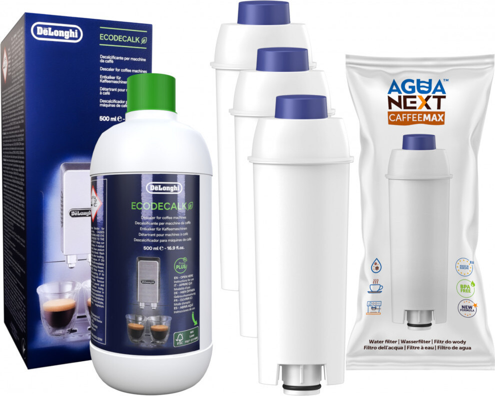 AguaNext Set van 3 vervangingswaterfilters en 500ml ecoDecalk ontkalker compatibel met DeLonghi ECAM 45.366.B