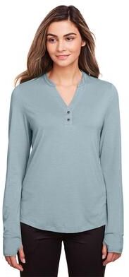 North End NE400W Women's JAQ Stretch Performance V-Neck Snap Pullover T-Shirt in Opal Blue size Large   Triblend