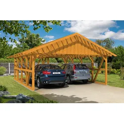Skan Holz Schwarzwald Doppel 684x772cm Dachlatt.eiche hell inkl.kl.Abstellraum Holzcarport