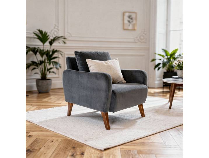Fauteuil en frêne et velours gris Léon