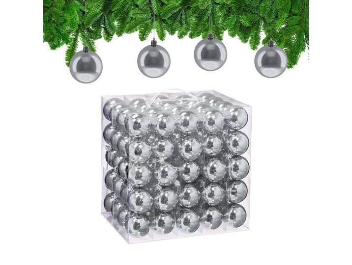 Relaxdays Weihnachtskugeln Silber 100er-Set glänzend Polystyrol 7x6 cm, Silberfarben, Kunststoff, 6x7x6 cm, Dekoration, Weihnachtsdekoration, Christbaumschmuck