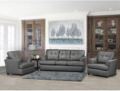 Travis Premium Grey Top Grain Leather Sofa and Two Chairs Set