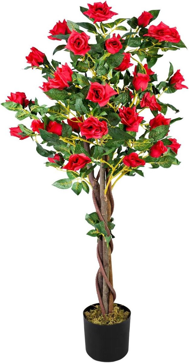 Kunstroos met rode bloemen en natuurlijke houten stam, 120 cm hoog