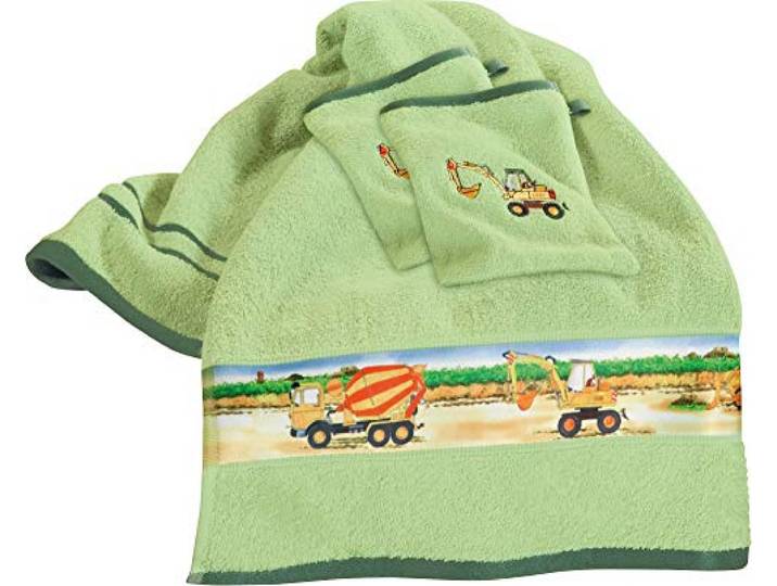 Erwin Müller Kinder-Frottier-Set, Handtuch-Set Traktor 3-TLG. Bagger grün Größe - Handtuch und 2X Waschlappen, 100% Baumwolle, mit Webbordüre