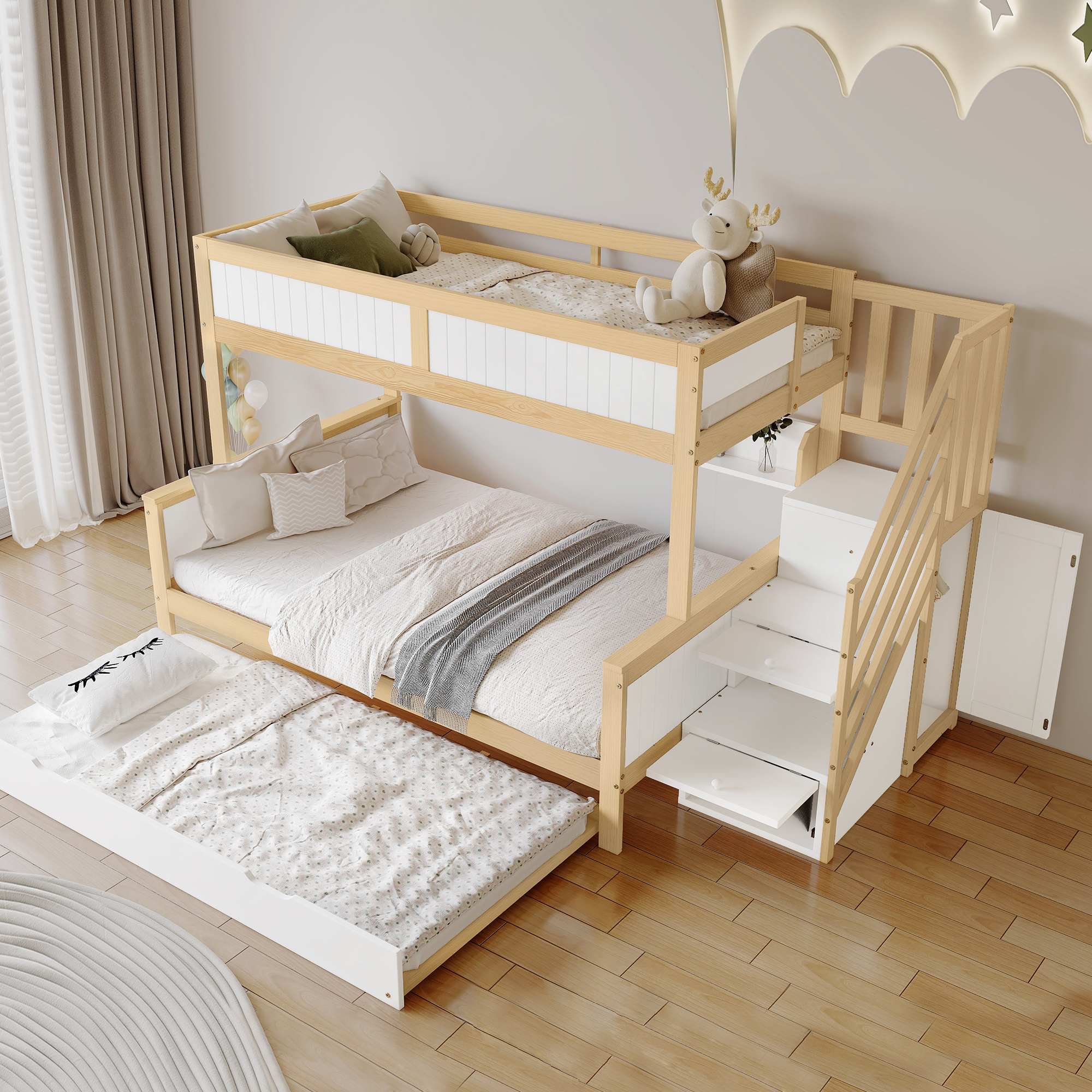 Kinder-Etagenbett mit Rollbett, Stauraumtreppe, Fallschutz, Kleiderschrank, Weiß+Natur, Kiefer+MDF, 90x200/120x200/90x190cm