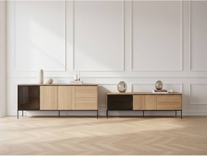Ensemble VERONA avec buffet 200 cm + meuble TV 197 cm effet chêne et verre fumé avec LEDS