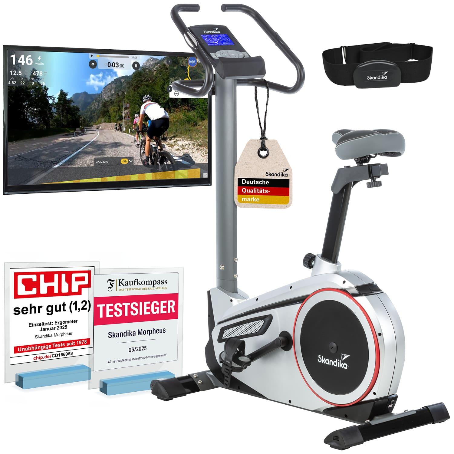 Skandika Ergometer Morpheus | Heimtrainer für Zuhause, 12 kg Schwungmassensystem, 32 Levels, 24 Programme, App Kompatibel mit Kinomap, Pulsgurt