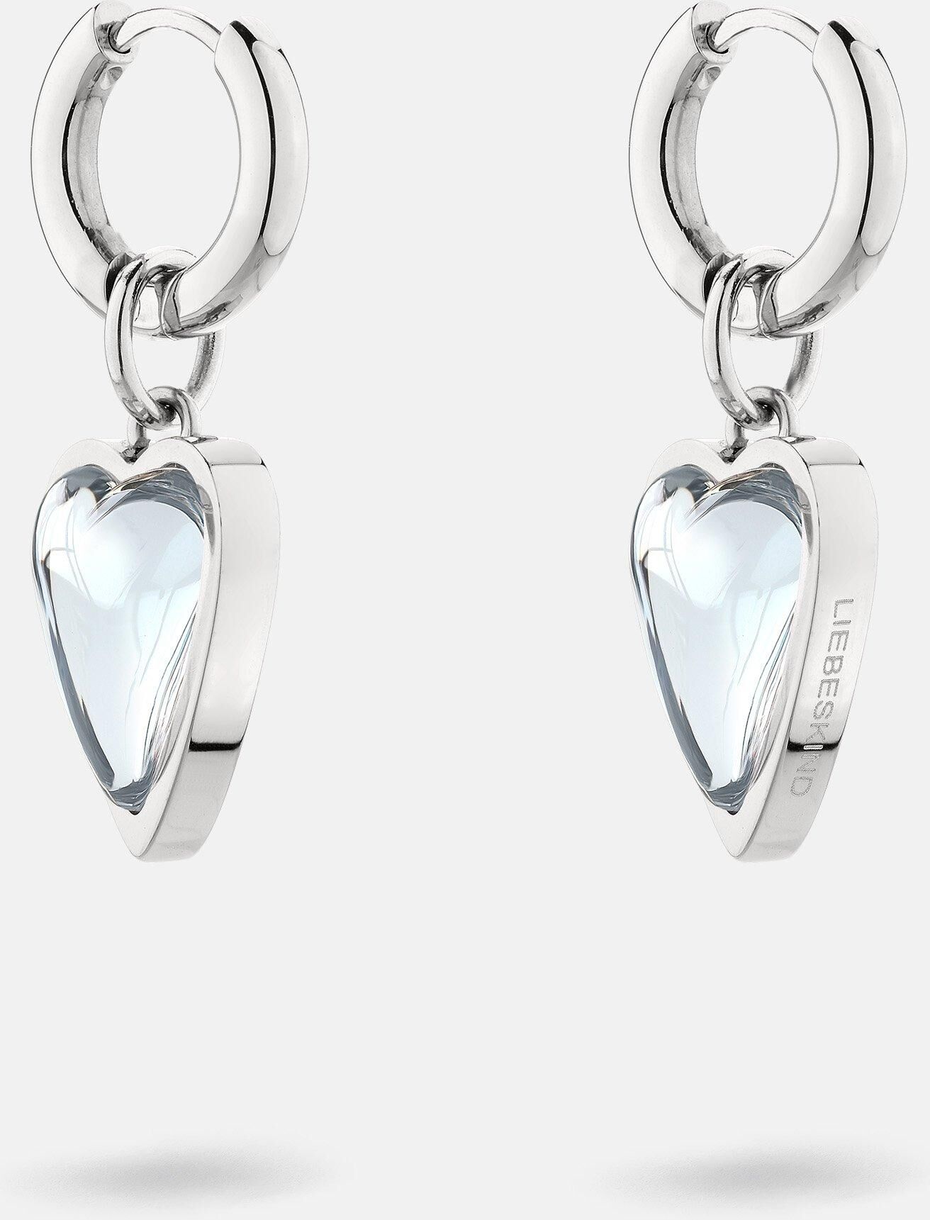 Paar Creolen LIEBESKIND BERLIN "Schmuck Ohrringe mit abnehmbaren Herz-Einhängern Glass Heart", edelstahlfarben, transparent, transparent, Ohrringe, Damen, Edelstahl, Paar Creolen, mit Glasstein