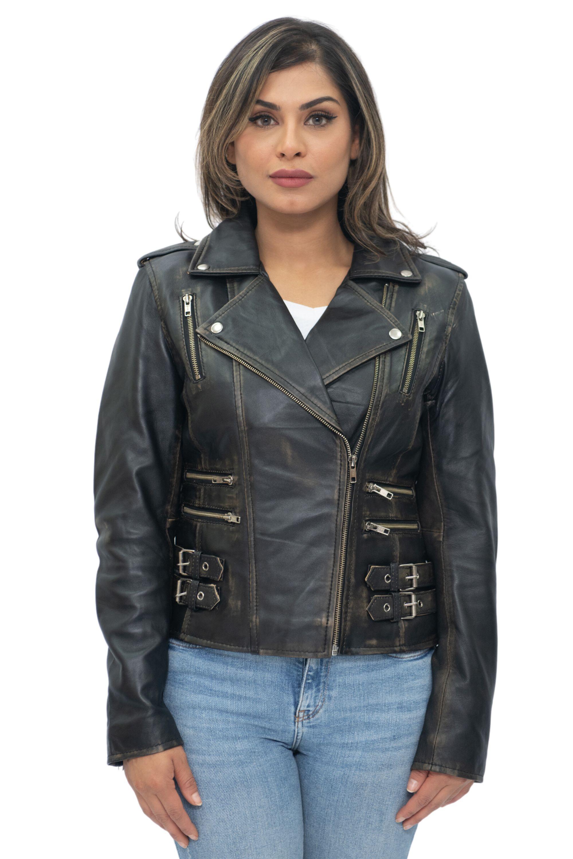 Damen Leder Vintage Brando Bikerjacke-Orlando