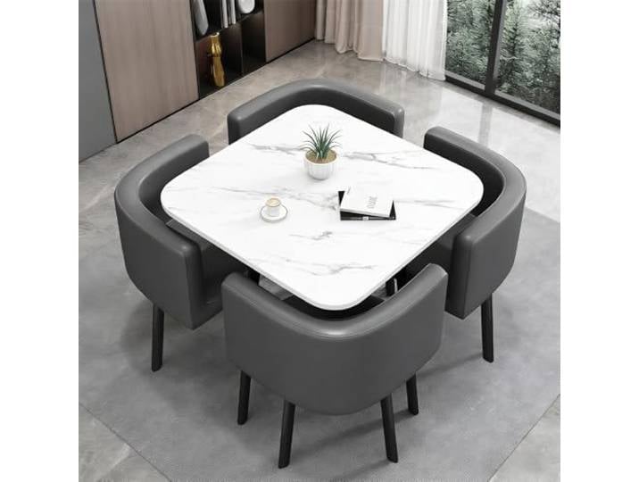 VTELGT Quadrat Esstisch mit 4 Stühlen, 5-teilige Essgruppe für 4 Personen 5-teiliges Set mit rundem Esstisch und 4 gepolsterten Stühlen in Grau – ideal für Küche, Esszimmer und Wohnzimmer.
