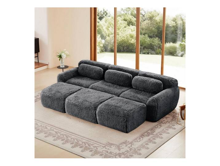 LuxusKollektion 3-Sitzer Sofa 3 Sitzer 3 Hocker Kissen Grau 3-Sitzer Sofa + 3 Hockern