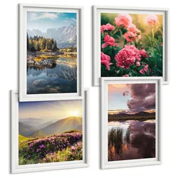 BILDER SET 4er Set - 50x50 cm & 40x60 cm Weißer Rahmen - Blumengarten, Bergwiese, Wasser