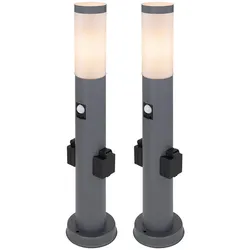 Wegleuchte Außen mit Bewegungsmelder 2x Steckdose Sockelleuchte Gartenleuchte, 1x E27, Edelstahl Anthrazit, IP44, H 60cm, 2er Set