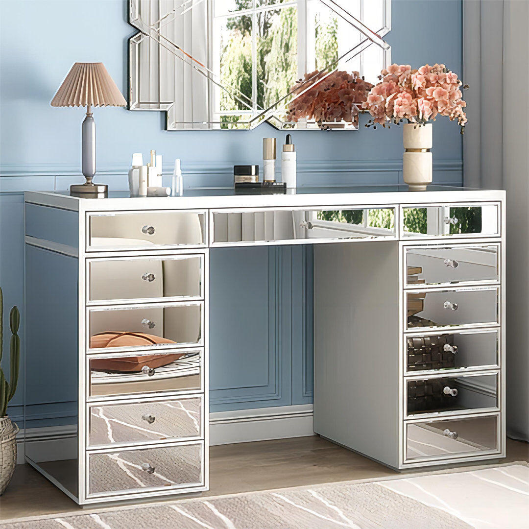 Blue Elephant Ninian Vanity Dressing Table with 13-Drawers Glass top 130cm Wide White/Silver 80cm H X 130cm W X 55cm D