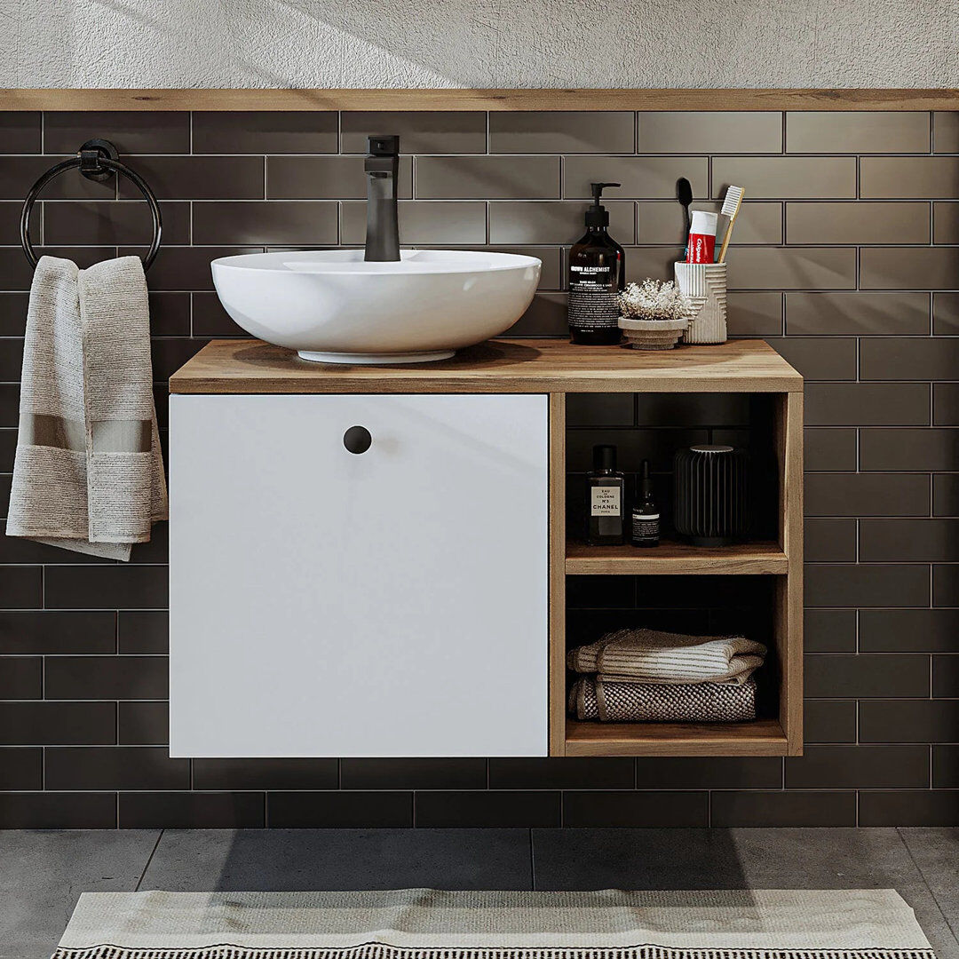 Union Rustic Lotus Bathroom Vanity Unit with Ceramic Washbasin / Sink 65cm Natural/Black 65mm W