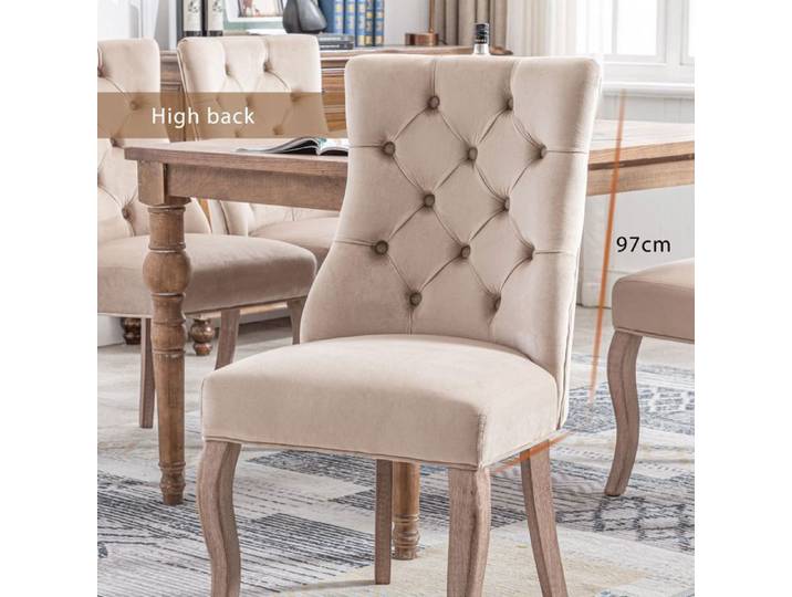 Feuille épaissie Chaise 4 pieds chaise beige velours Chaise de salle à manger dossier haut avec piqûre de bouton structure en