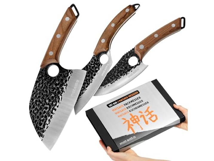 Matsato Messerset, Küchenmesser Set, 3-teilig aus Japanischem Stahl 3cr13 Stahl, Buchenholzgriffe, Hackmesser, Chefmesser & Schneidmesser, per Hand reinigen