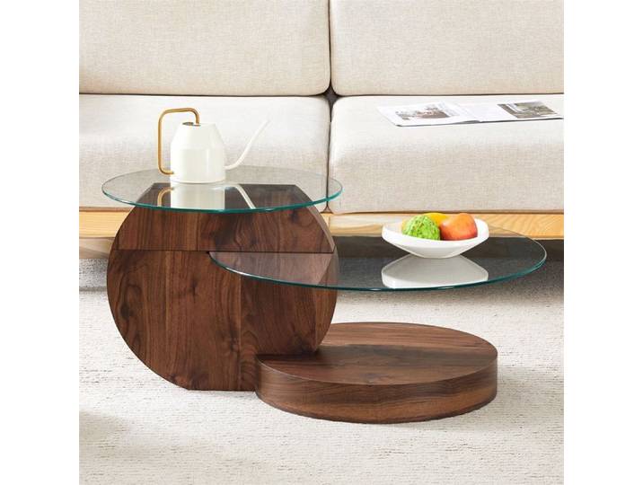 Table Basse Moderne 90x70x44cm - Double Plateau en Verre Trempé et Structure MDF Aspect Noyer - Noyer et Transparent