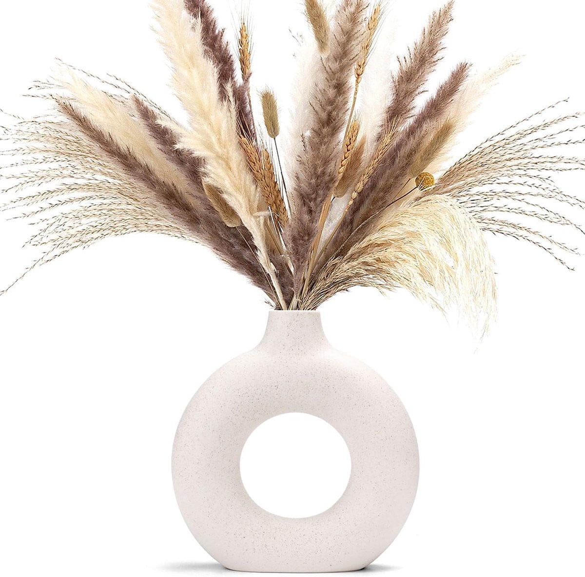 SnelShoppen Wit Keramische Donut Vaas - Moderne Ronde Porseleinen Vaas voor Pampasgras en Decoratie